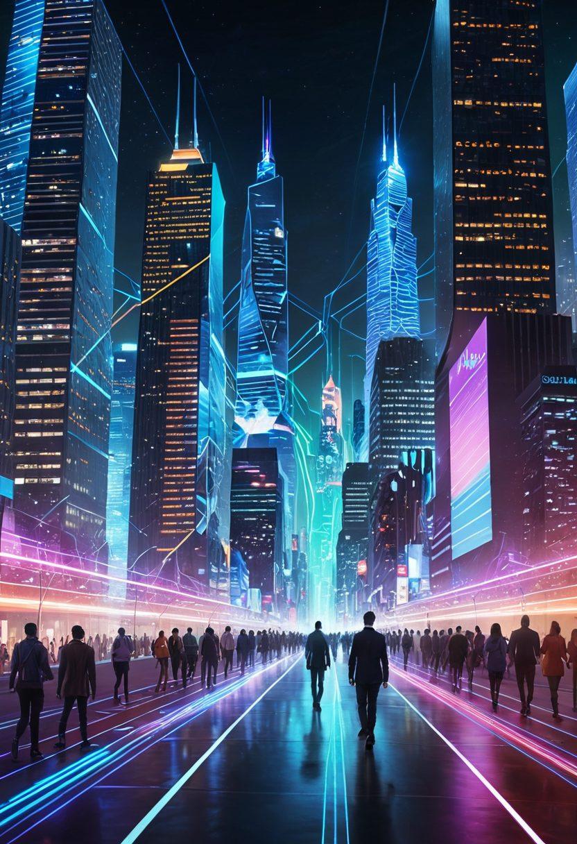 A futuristic cityscape with towering skyscrapers interconnected by glowing digital pathways, representing advanced web solutions. Central focus on a bright Ebax logo with dynamic lines indicating growth and success in digital presence. Diverse people from different professions engaging with holographic screens. Vibrant colors, super-realistic. sleek tech-aesthetic.