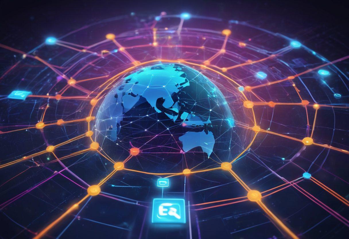 A futuristic, sleek digital landscape with interconnected nodes representing various marketing solutions such as SEO, social media, email campaigns, and web analytics, centered around a bold, modern Ebax logo. Highlight integration and the unity of online marketing strategies through vibrant, seamless networks. super-realistic. vibrant colors. high-tech design.