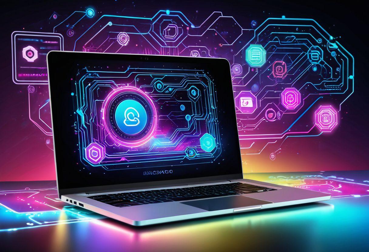 A dynamic digital landscape with a sleek laptop at the center displaying a vibrant e-commerce website. Around the laptop, interconnected web design elements, icons for SEO, analytics, and coding float in a holographic manner. Background filled with circuit patterns and the ebax logo subtly integrated. super-realistic. vibrant colors. high-tech feel.